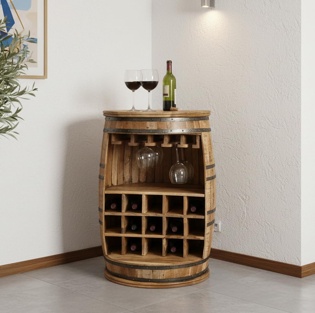 Stella Trading FIASKO Vintage Weinfass Bar Massivholz Mango - Stylisher Barschrank Weinschrank mit Ablage, Gläserhalterungen & Flaschenfächern - 58 x 91 x 58 cm (B/H/T)