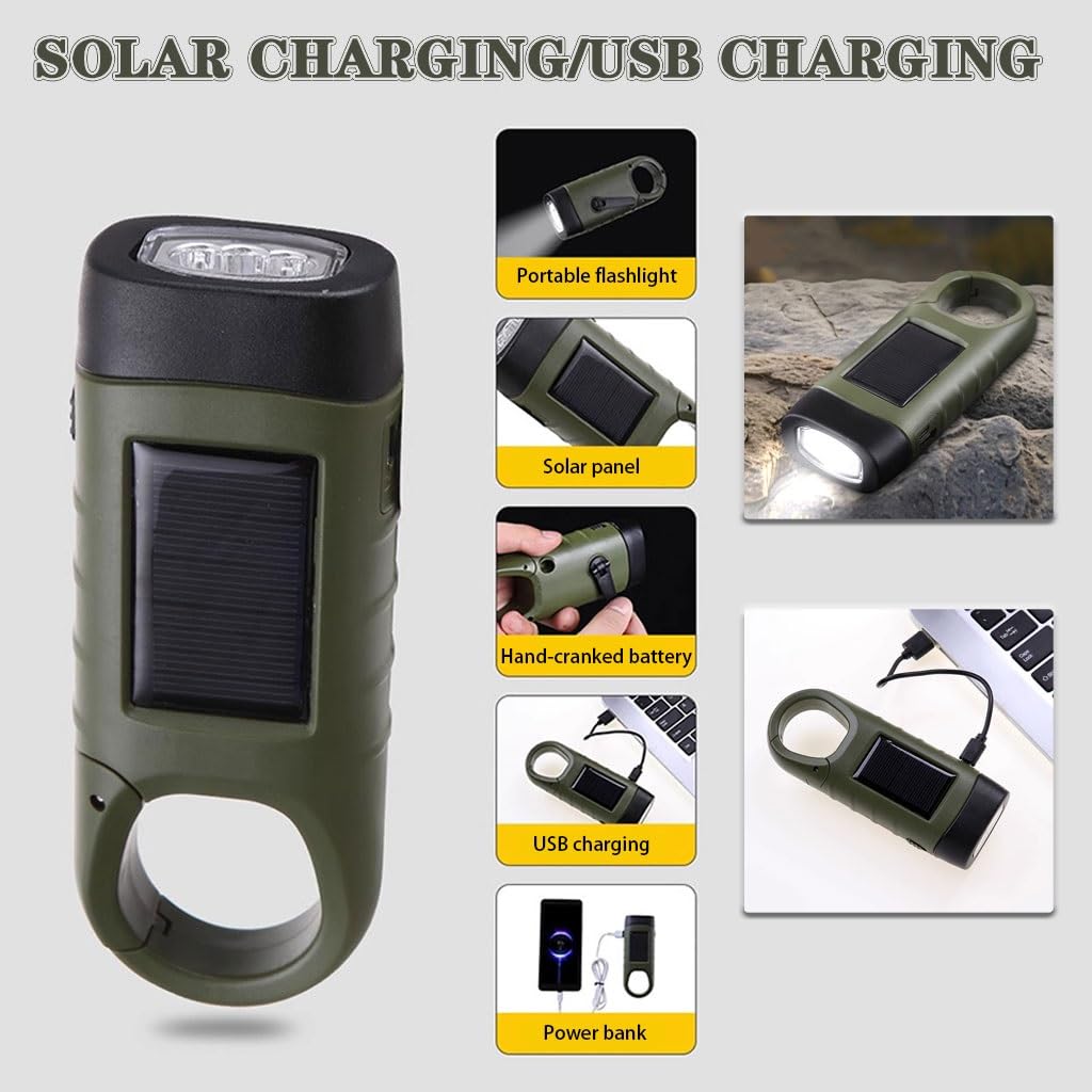 Torcia ad Energia Manuale Torcia elettrica a manovella alimentata ad energia Solare, Piccola Torcia elettrica Portatile a Dinamo, per attività all'aperto, Sport, Escursionismo(Army Green,14.5cm*2)