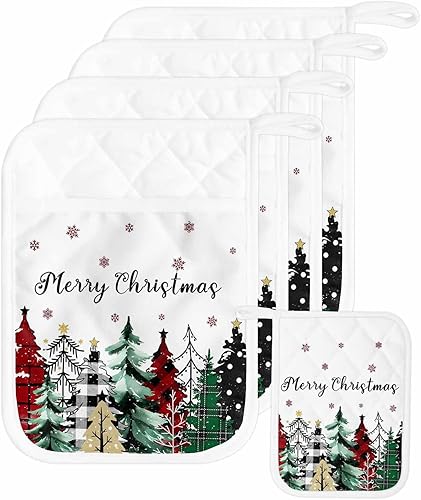 Miniatura 53 de Christmas 5Pcs Pot Holders for Kitchen, Non Slip & Heat Insulation Terry Cloth Potholder Set with Pocket, Thick Hot Pad Oven Mitts Trivet Coaster