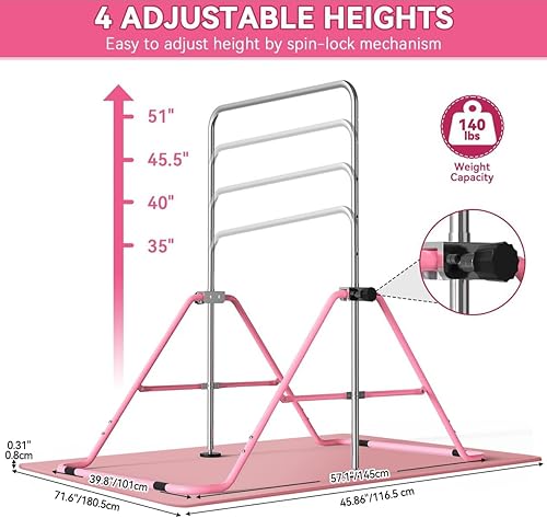 Miniatura 26 de FBSPORT Barra de gimnasia para niños con anillos, barras horizontales de gimnasia de altura ajustable, barra de entrenamiento junior, barras Verde