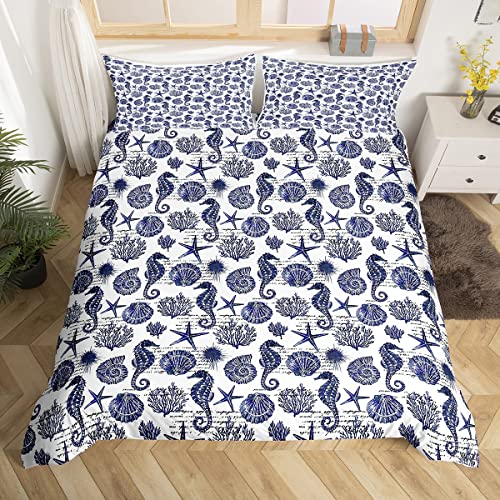 Nautical Theme Duvet Cover Full,Coastal Beach Queen Bedding Sets For Kids Teens,All-Season Sealife Animal Comforter Cover,Vintage Navy Blue Bed Sets For Room Decor,Seahorse Starfish Coral Quilt Cover #TOP2