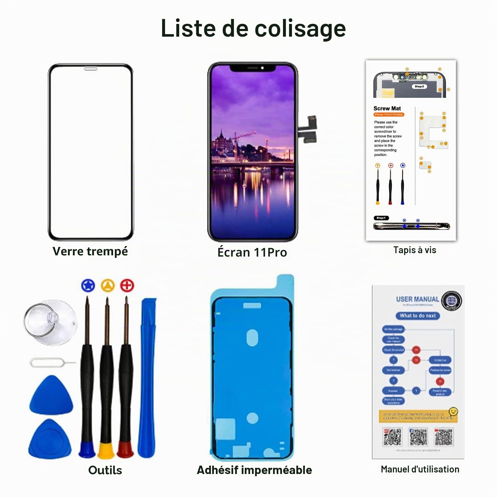 Dinow Écran Tactile de Rechange pour iPhone 11 Pro d'écran LCD 5,8"(Noir) iphone 11 Pro Ecran Tactile Digitizer Assembly +Kit De Réparation Complet Modèle: A2160/A2217/A2215