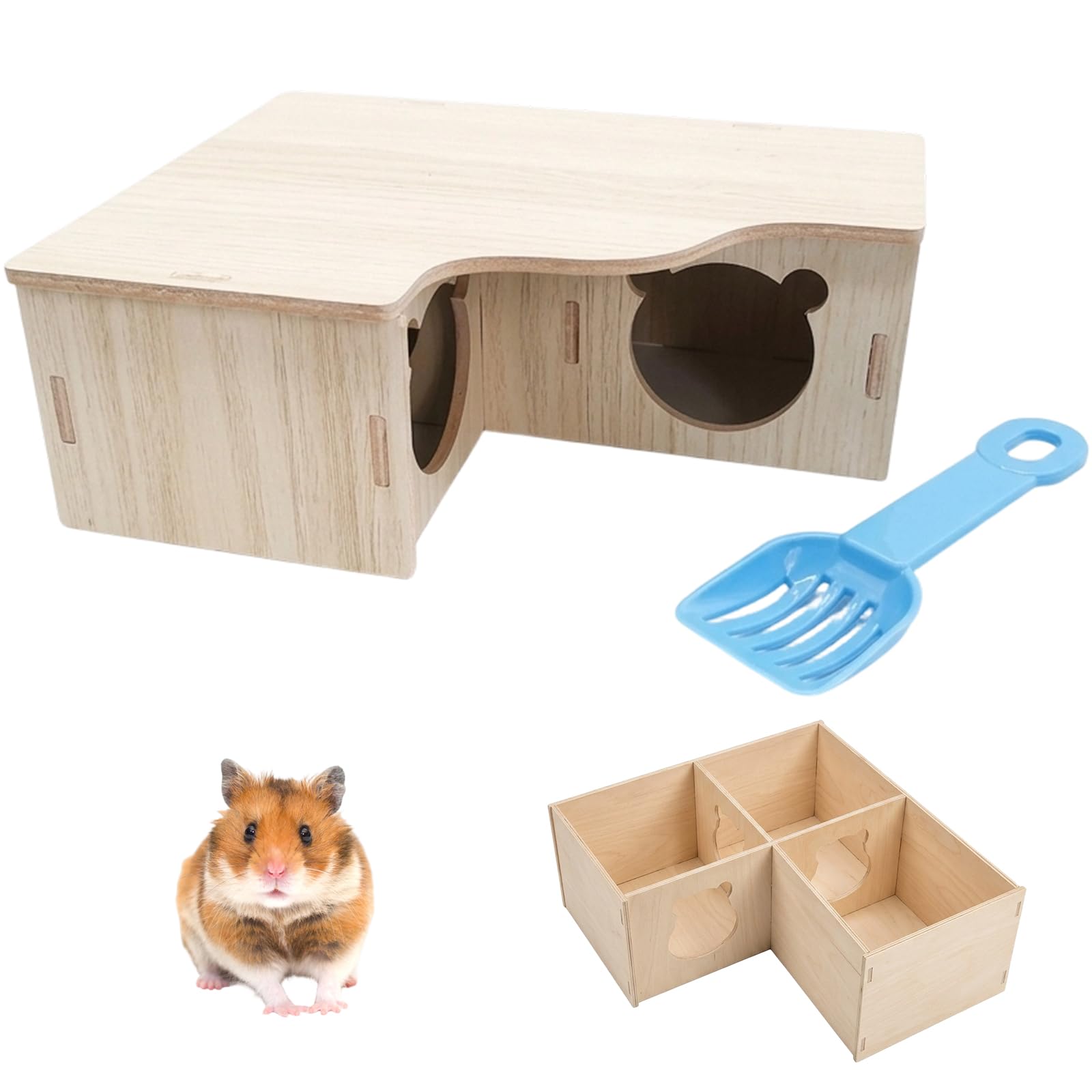 YFHUVB Hamster House Wooden Hideout, Multi Chamber Hamster Hide with Removable Lid & Cleaning Scoop, Hamster Platform Shelter for Small Pets