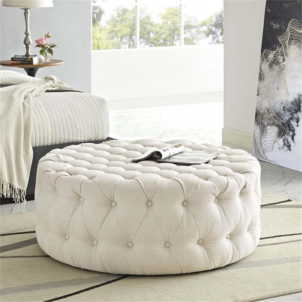 Pemberly Row Modern Upholstered Round Ottoman, 40" Wide, Polyester Fabric and Solid Wood, Beige Finish, Tufted Button Design, Foam Padding, Sturdy Plastic Legs, Living Room or Bedroom Accent Furniture