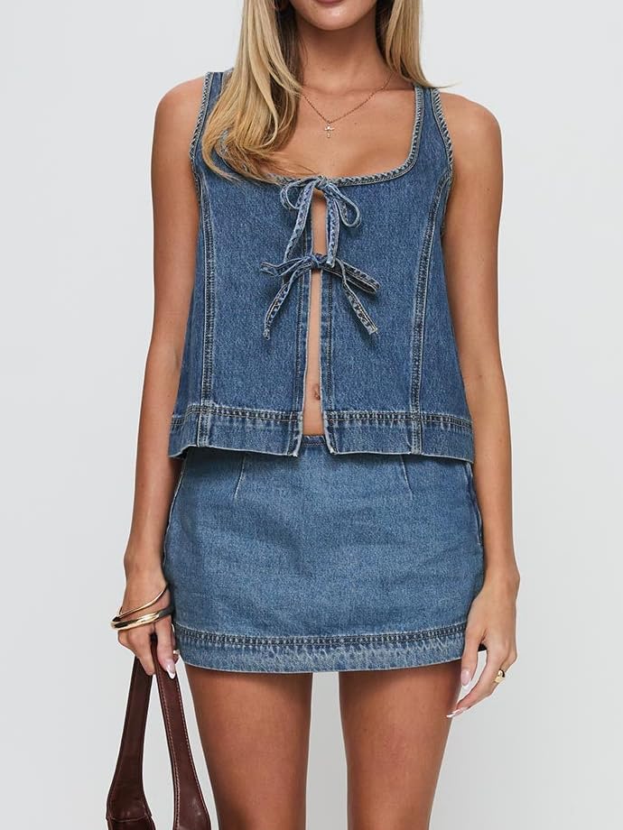 Summer 2 Piece Denim Skirt Set for Women Y2k Tie Front Sleeveless Jean Vest Top Mini Skirt Set Sexy Going Out Outfits4