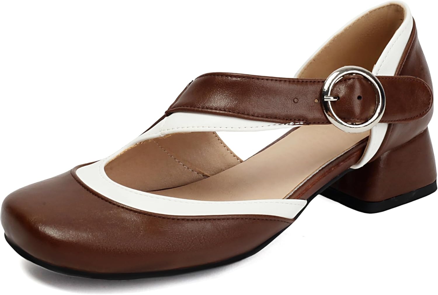 Elerhythm Women's Mary Jane Two Tone Ancke Strap Buckle Closed Round Toe Pumps Chunky Block Low Heels Sandals Shoes