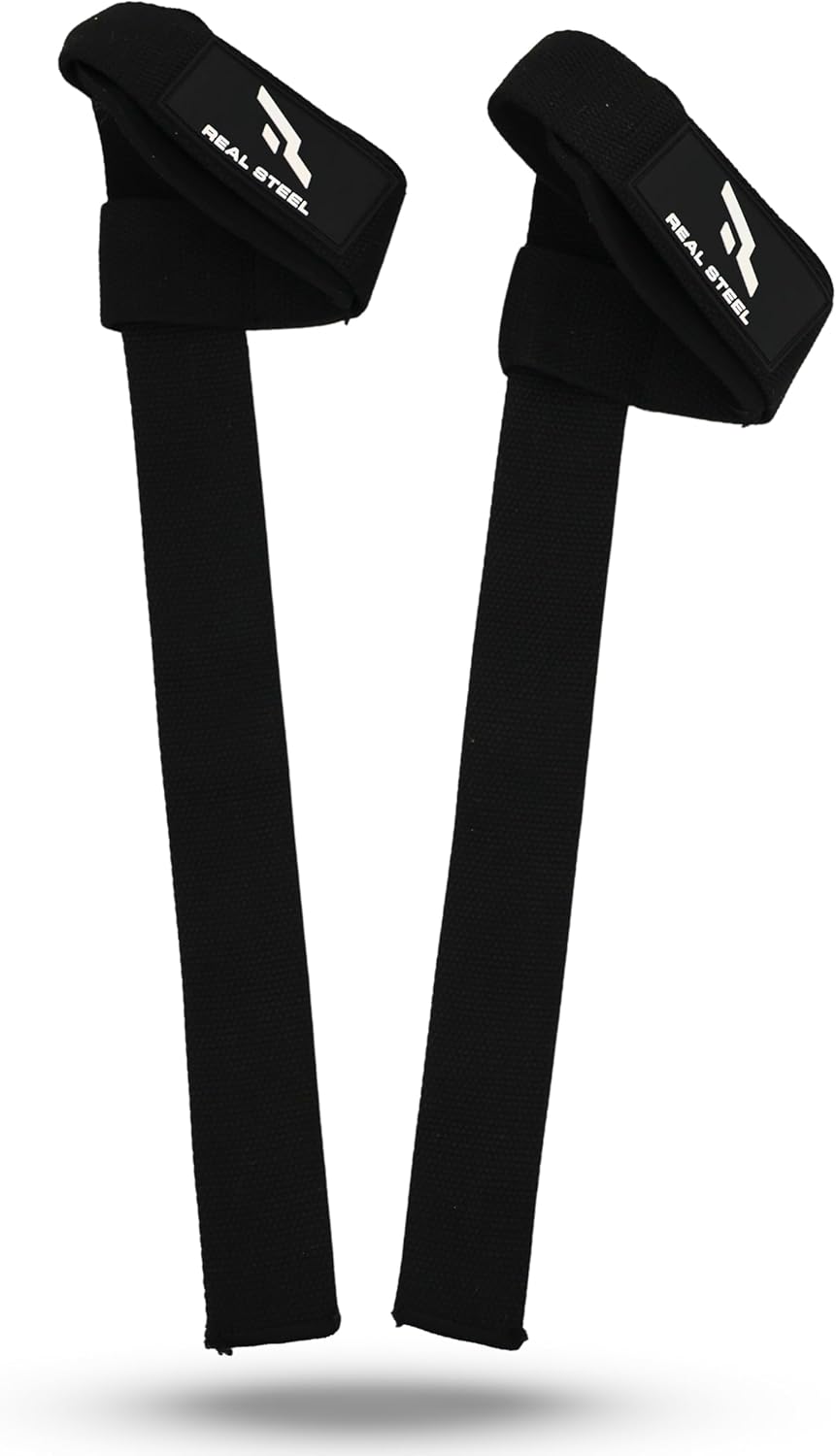 Real Steel Lifting Wrist Straps for Weightlifting, Bodybuilding, Powerlifting, Strength Training, & Deadlifts - Padded Neoprene with 24 inch Cotton