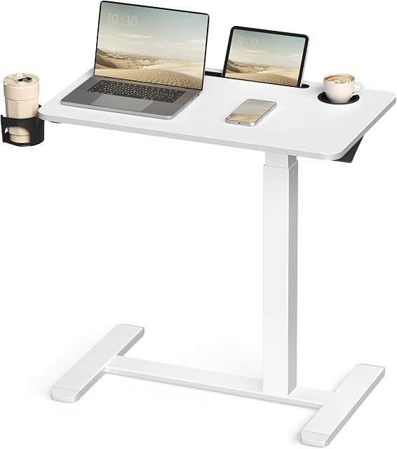 VASAGLE Petit bureau debout avec roues, mobile en hauteur réglable Stand Up, 70 x 40 cm Table, 2 Supports de tasse, Fente de téléphone et de tablette, Blanc nuage ULSD600W01