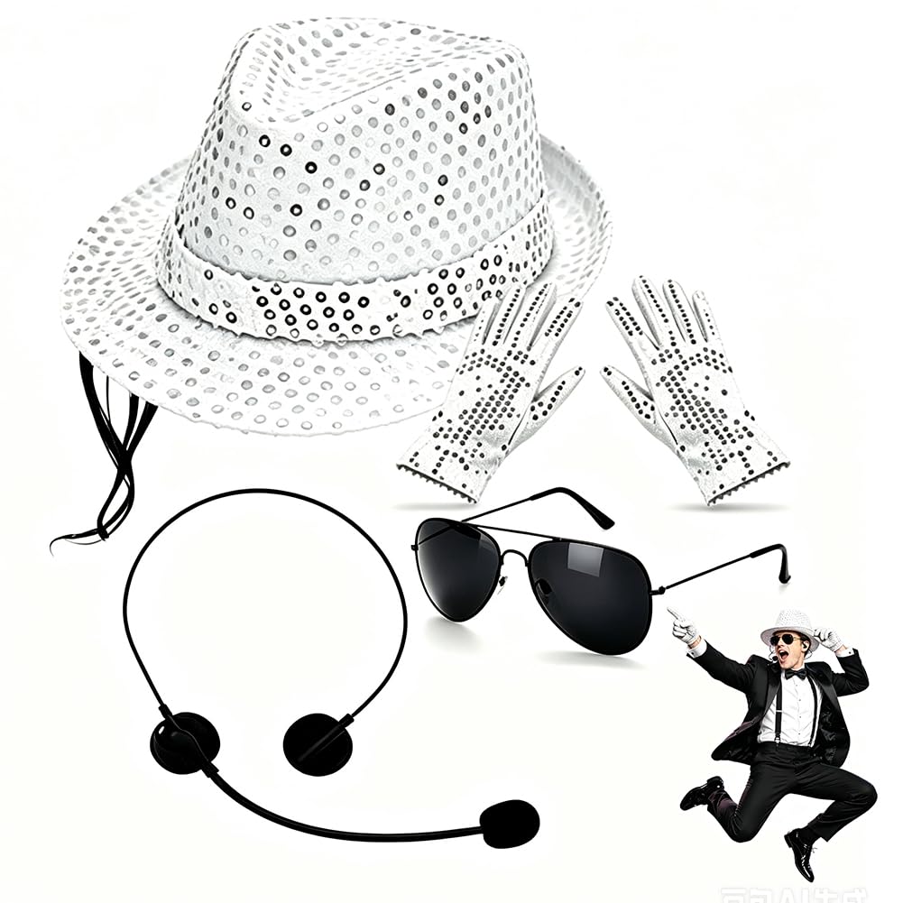 YCVBCY MJ Costume Accessories Adults Disco Costume Set 80s Dancer Rocker Star Cosplay Fancy Dress Accessories with Jazz Sequin Hat Glove Headset King of Pop Fancy Dress Set for Carnival Dance Party
