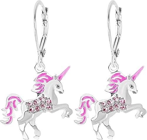 Kids Earrings - White Gold Enamel Unicorn Crystal Earrings with Silver Leverbacks Baby Girls Children