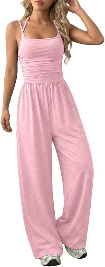 Cotton Jumpsuits For Women Casual Summer Tummy Control Sleeveless Double Strap Square Neck High Waist Wide Leg Romper