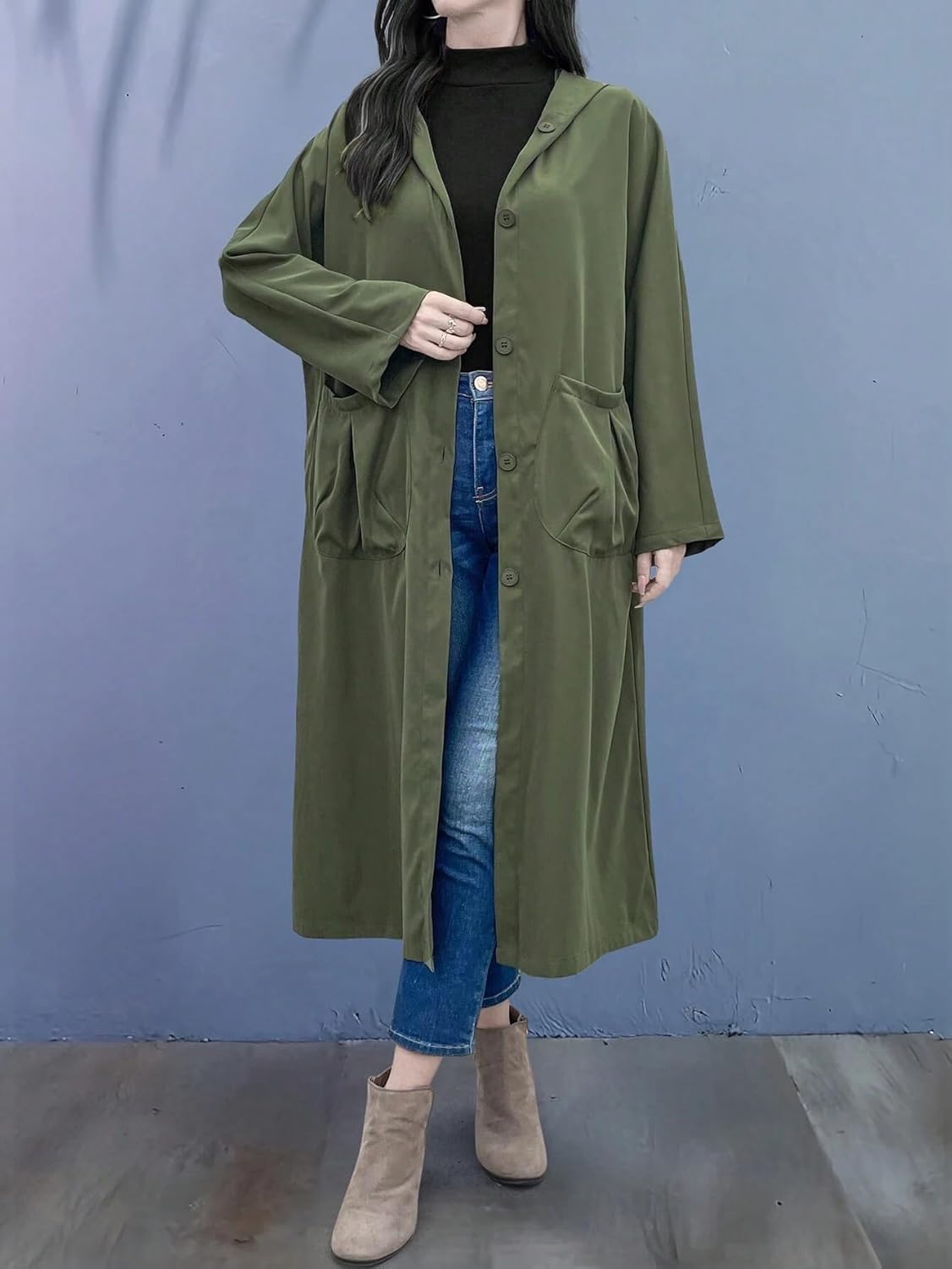 Womens Fashion Trench Outwear Open Front Pocket Trench Coat Jacket Coat