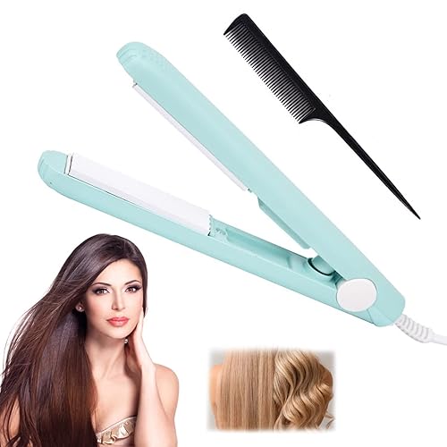 Werdeny - Mini rizador de pelo 2 en 1 mini rizador de cerámica y alisador de pelo mini rizador de pelo de cerámica Werdeny para cabello corto azul