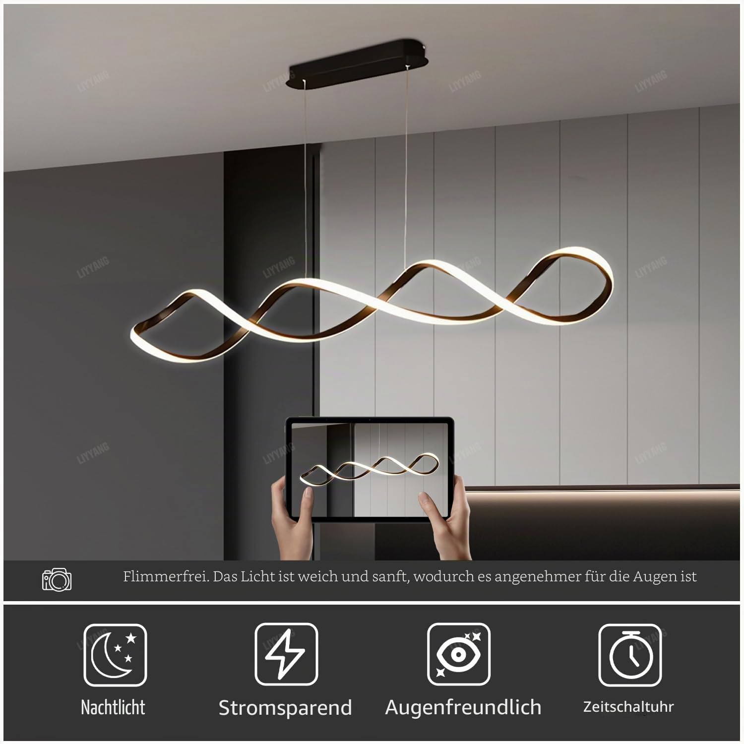 Kreative spiralförmige LED Pendelleuchte Decke Esstisch Kücheninsel Hängeleuchte Esszimmerlampe dimmbar mit Fernbedienung moderner Kronleuchter für Büro Küche Arbeitszimmer (Schwarzes, L80cm)