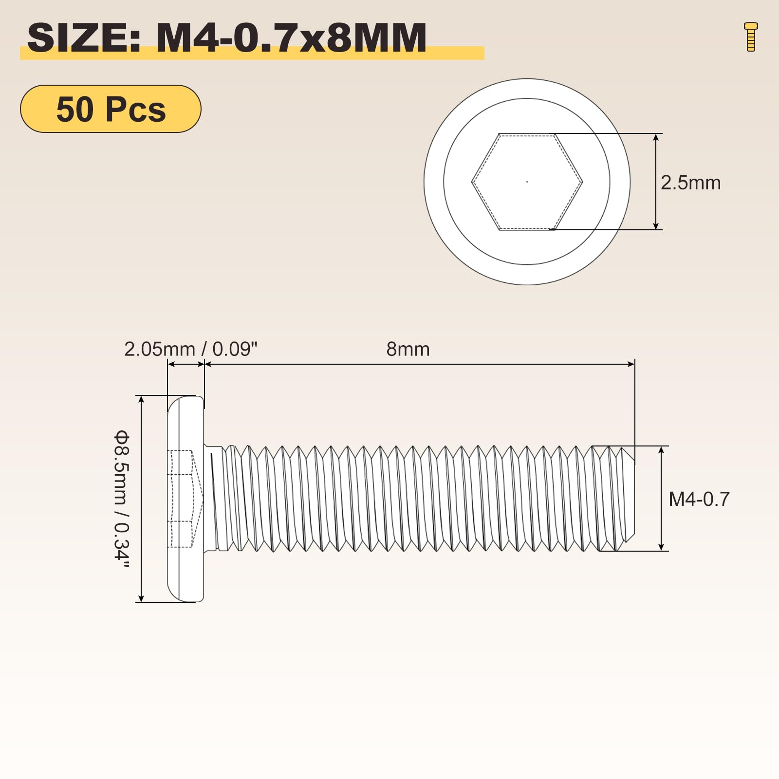 METALLIXITY Flat Head Hex Socket Cap Screws Bolts(M4-0.7x8) 50Pcs, Steel Hex Socket Furniture Bolts Screws - Image 2