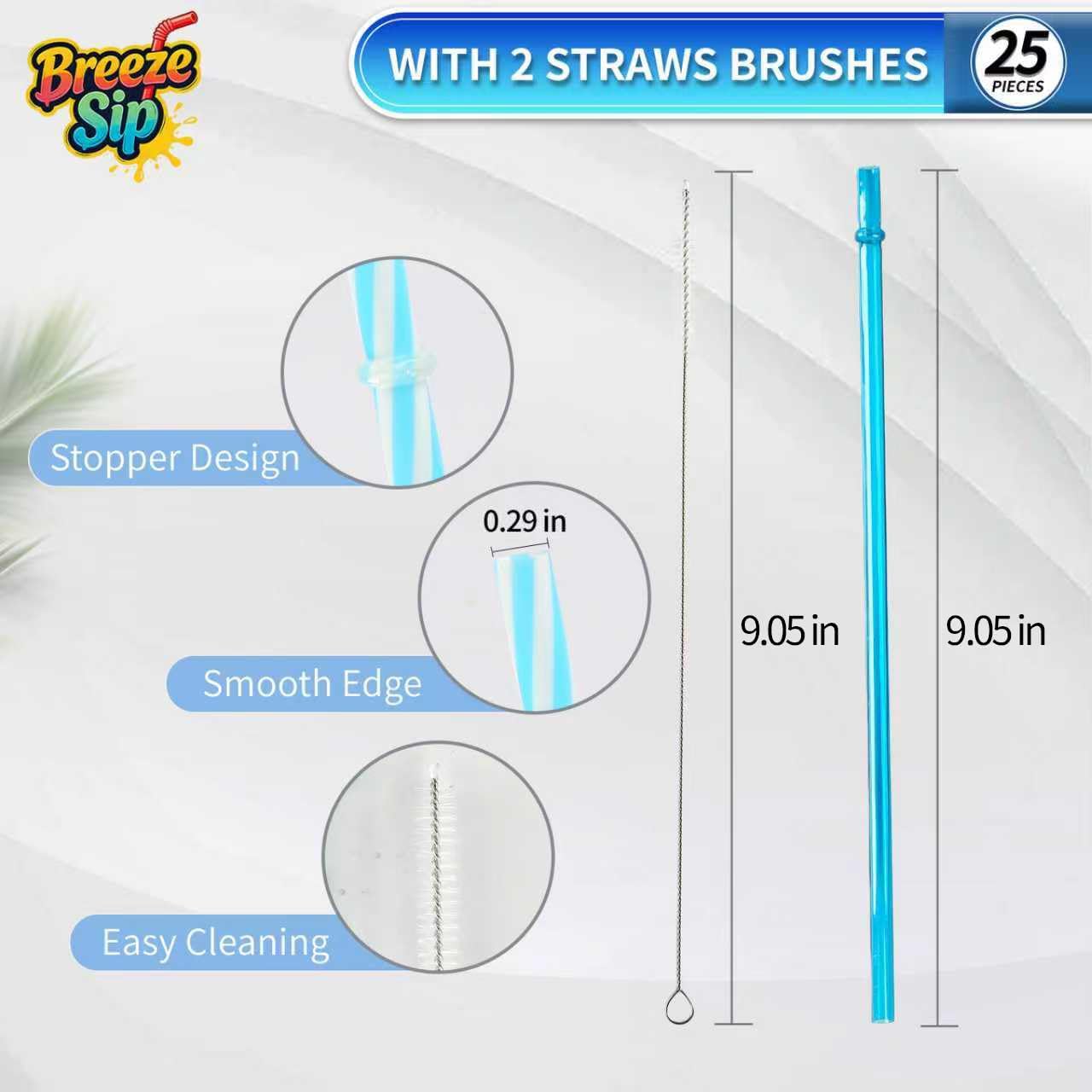 25 Pack 9.05" Plastic Reusable Replacement Drinking Straws