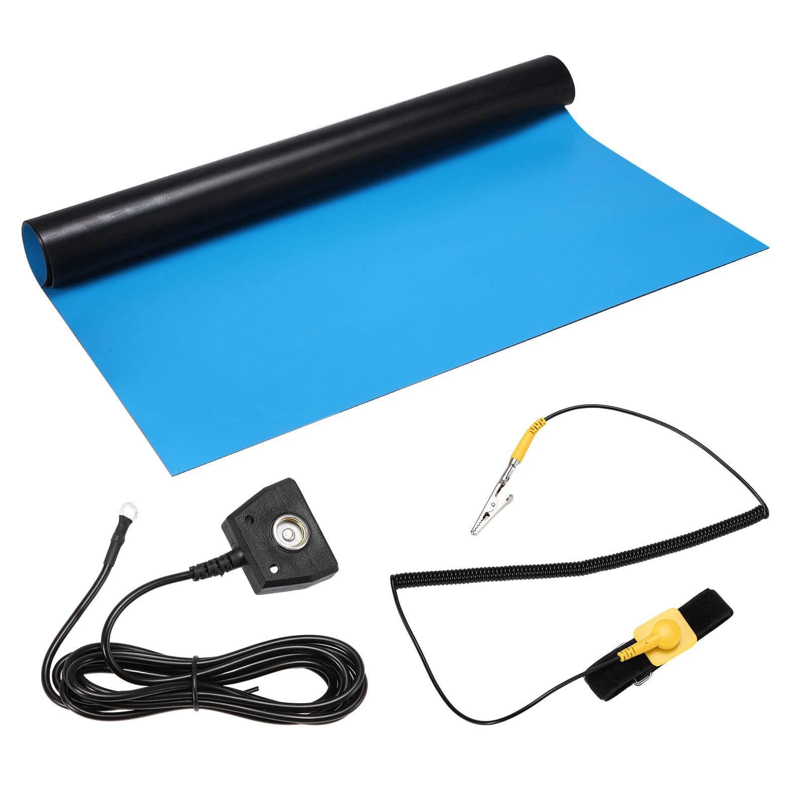 MECCANIXITY Zestaw mat antystatycznych z nadgarstkiem ESD i przewodem uziemiającym, 61 cm x 71 cm, mata lutownicza ESD PVC do naprawy telefonu, elektroniki, domu, komputera, modernizacji, błękitna