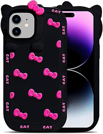Cute Case for iPhone 11 6.1, Black Kawaii Funny 3D Bow Cartoon Silicone Cat Phone case, Soft Shockproof Classic Protective Cover for Women Girls, and Kids Black, for iPhone 11