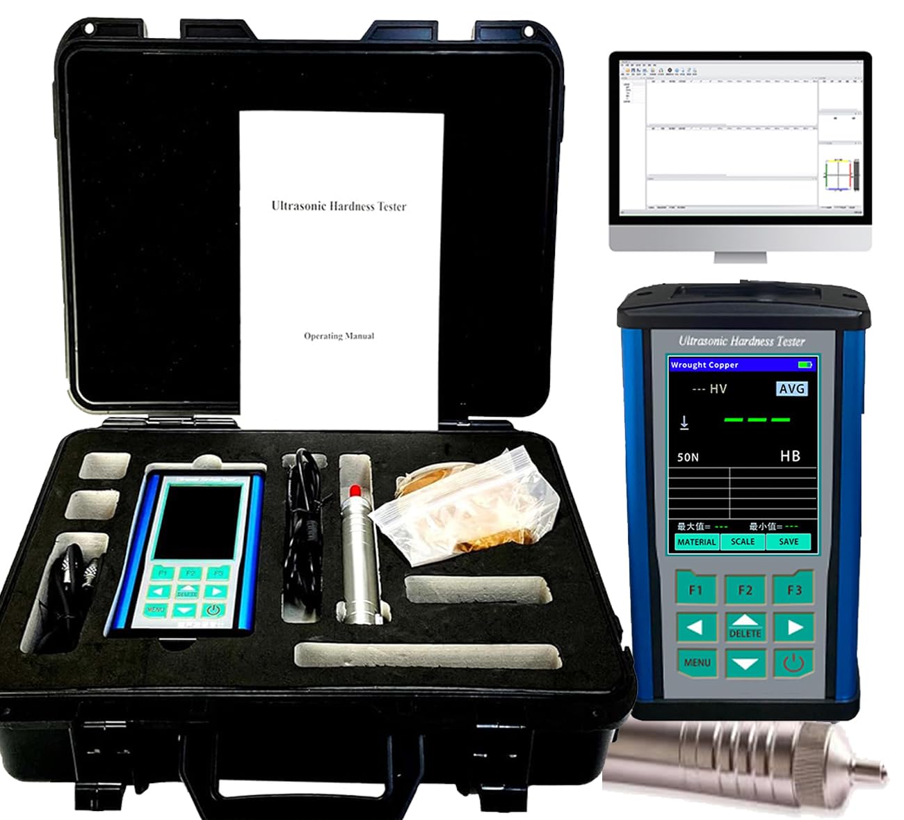 Ultrasonic Hardness Tester Digital Ultrasonic Hardness Meter Durometer Sclerometer with Force 50N 5kgf Probe Maximum Roughness Test Surface Ra<10um for Hardened Quenching Layer ASTM-A1038 Standard