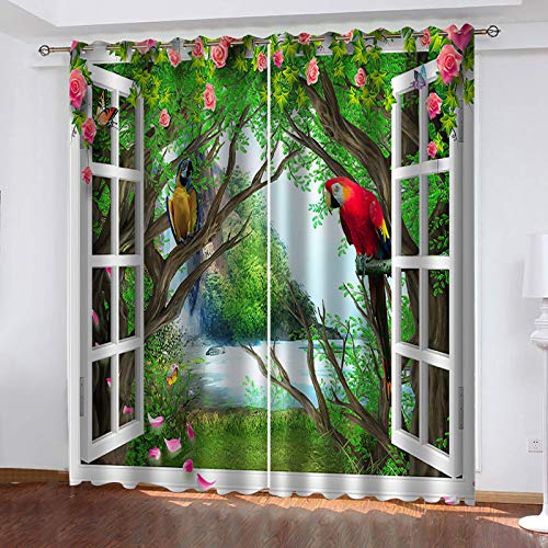 UDKHJH© 3D Schattierung Gardinenschals Cartoons Blumen Papageien Fenster Raum Gardinen Mit Ösen Verdunklungsvorhänge Kinderzimmer & Schlafzimmer Trennwand Vorhang Sichtschutz 280X300Cm Cover