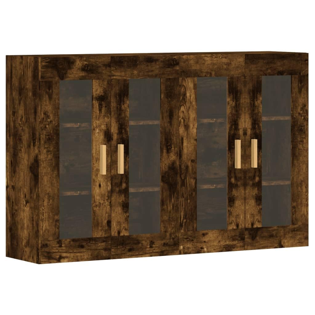 Armadietti a Parete 2 pz Rovere Fumo Legno Multistrato e Vetro | Set da 2 pensili con anta in vetro trasparente per organizzare stoviglie e oggetti in soggiorno o cucina.
