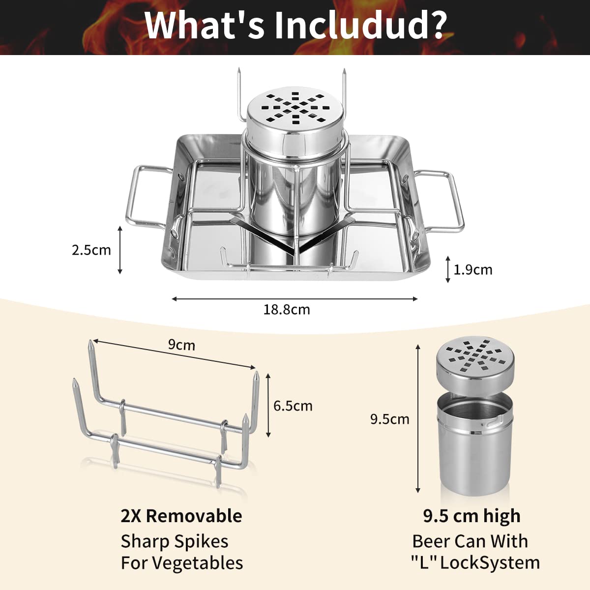 AMOZO Hähnchenbräter - Edelstahl Hähnchenhalter - Bierdose für Hähnchengrill - Grillzubehör für Barbecue, für Grill im Freien, Ofen - BBQ Accessoire mit 4 Gemüsespießen (KJJ-0001)