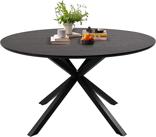 LUCKYERMORE Mesa de comedor redonda de 53 pulgadas para 4-6, mesa de cocina de madera negra moderna de mediados de siglo para el hogar,