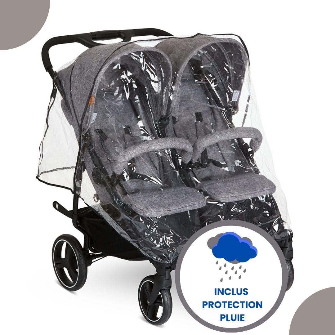 ABC Design Poussette Double Twin Circle – Légère, Maniable, Compacte pour Jumeaux et Frères & Sœurs, Fonction Allongée, Pliage facile, Housse Pluie – Gris Chiné