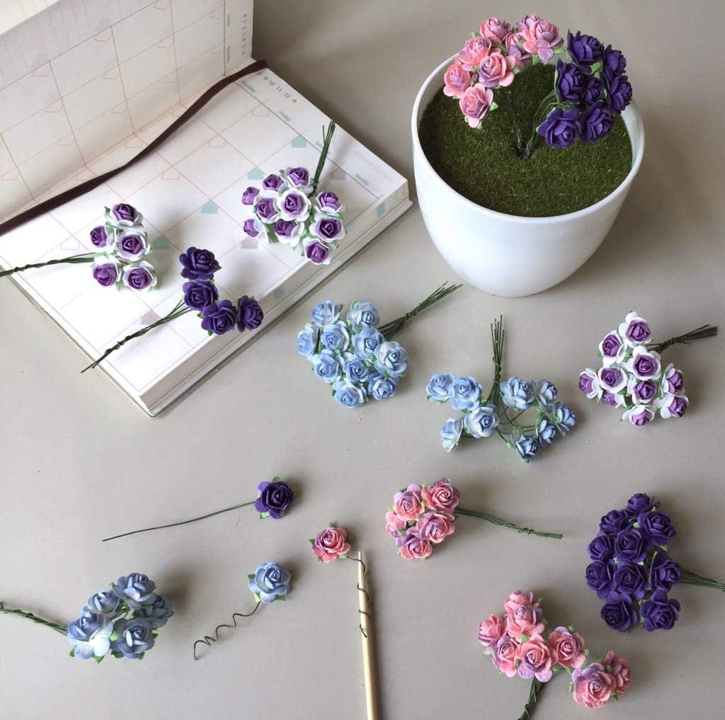 100 pcs Mini Rose Mixed Purple Color Mulberry Paper Flower 15mm Mini Paper Flowers for Craft Scrapbooking Wedding Card Supplies Embellishment, Small Roses