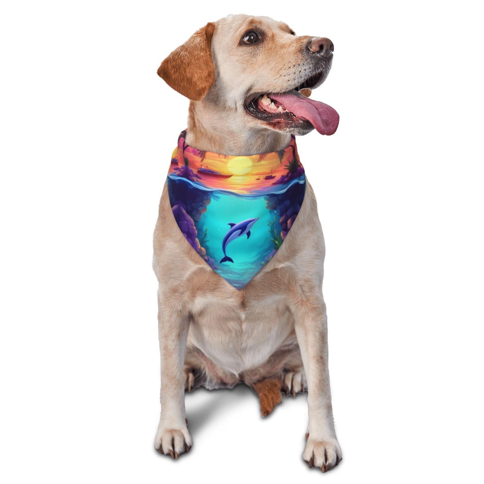 Hawaiian Island Dolphin Print Dog Bandana Scarf Adjustable Triangle Pet Bib Cat Kerchief Washable Puppy Neckerchief for Birthday Holiday Party