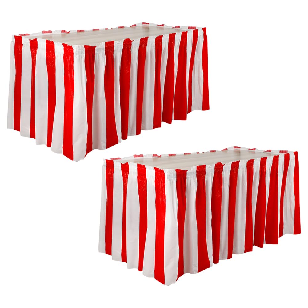 2 Pcs 73 x 426 cm Red White Stripe Table Skirts Striped Plastic Table Skirt Carnival Themed Party Tables Decor Circus Theme Party Supplies Birthday Tables Skirt Decorations for Family Dinner
