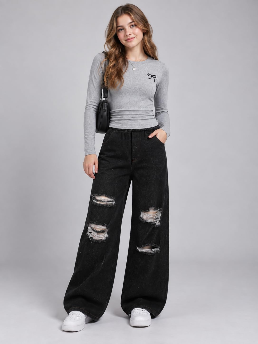 Teen Girls Clothes 2 Piece Fall Winter Outfits Bow Print Long Sleeve Top & Ripped Wide Leg Denim Jeans Set