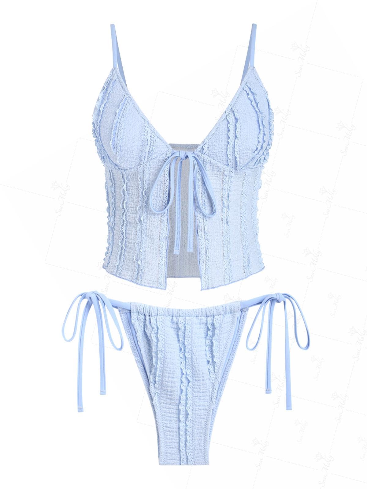 seamoly Ruffled Trim Textured Tied Side Tanga Tankini Set