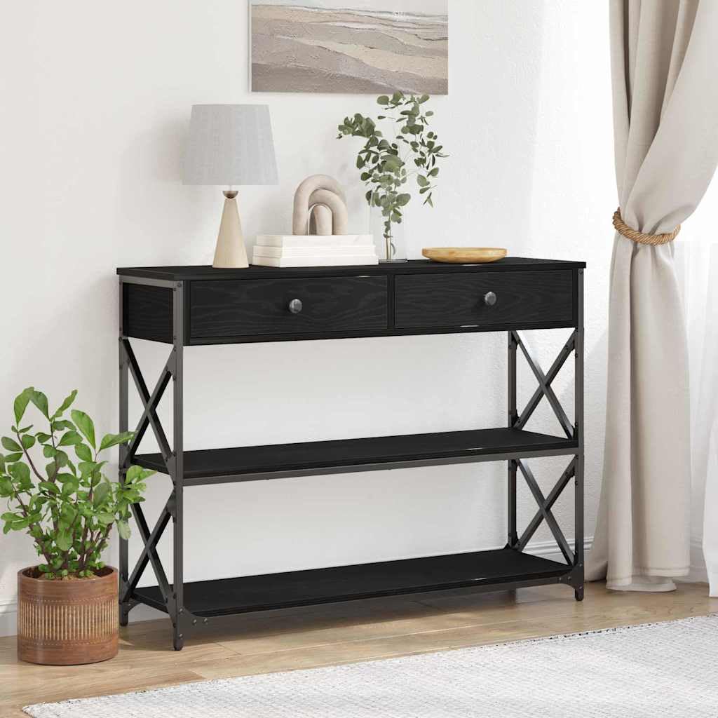 SXZenSpace Industrial Console Table Black Oak 100x28x75 cm with Drawer and Shelf, Metal Frame, Slim Side Furniture for Hallway, Living Room or Bedroom