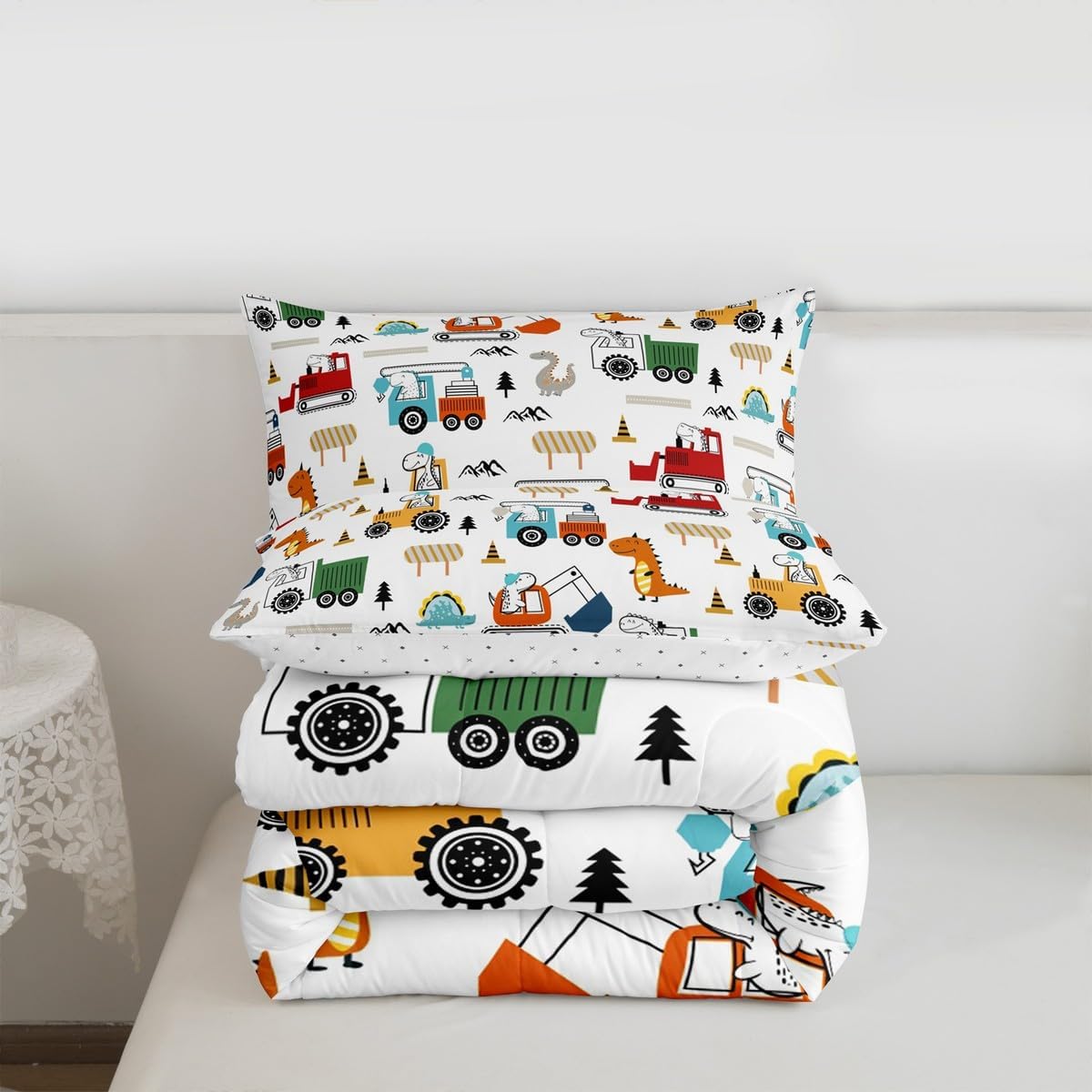 Feelyou Construction Bedding Set King Size Cute Dinosaur Comforter Set Jungle Dino Comforter Equipment Trucks Red Orange Duvet Set Bedroom Quilt Set