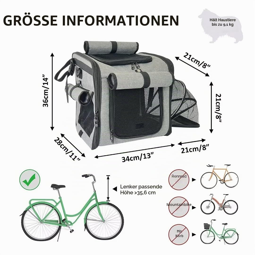 Hunde-Fahrradkorb-Träger, Haustier-Fahrradträger-Rucksack mit Netzfenstern für kleine Hunde, Katzen und Welpen, einfache Sicherheit mit verstellbaren Riemen, Haltetasche für