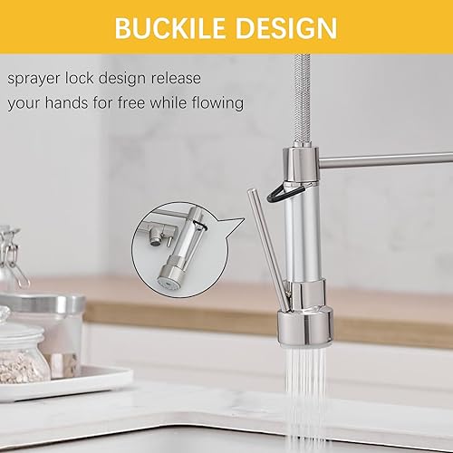 Miniatura 7 de BESy Grifo de cocina con rociador extraíble, mango único de arco alto, resorte de una sola palanca, grifo de fregadero de cocina con rociador