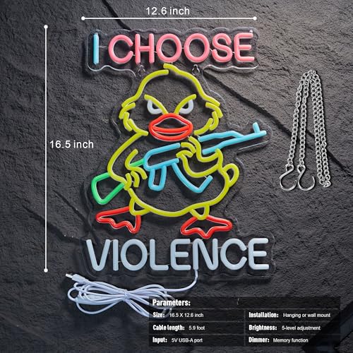 Image of I Choose Violence Duck Neon Sign Goose Gun LED Light AK 47 Decor, USB Powered Dimmable Morale Art Signs for Pub Store Man Cave Room 16.5 X 12.6 inch