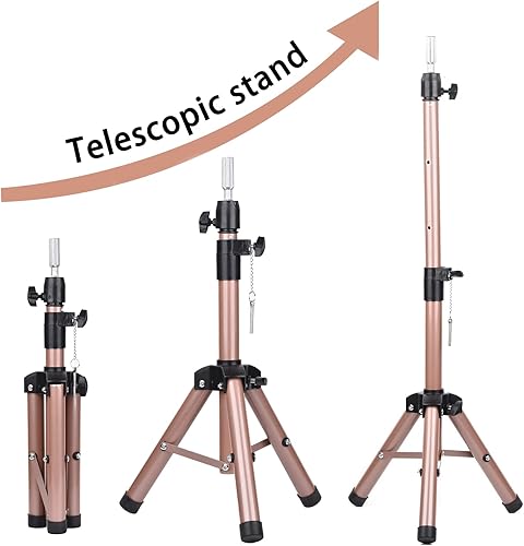 Miniatura 3 de Trípode de peluca rosa para entrenamiento de peluquería de cosmetología, trípode de cabeza de maniquí ajustable y soporte de cabeza de peluca