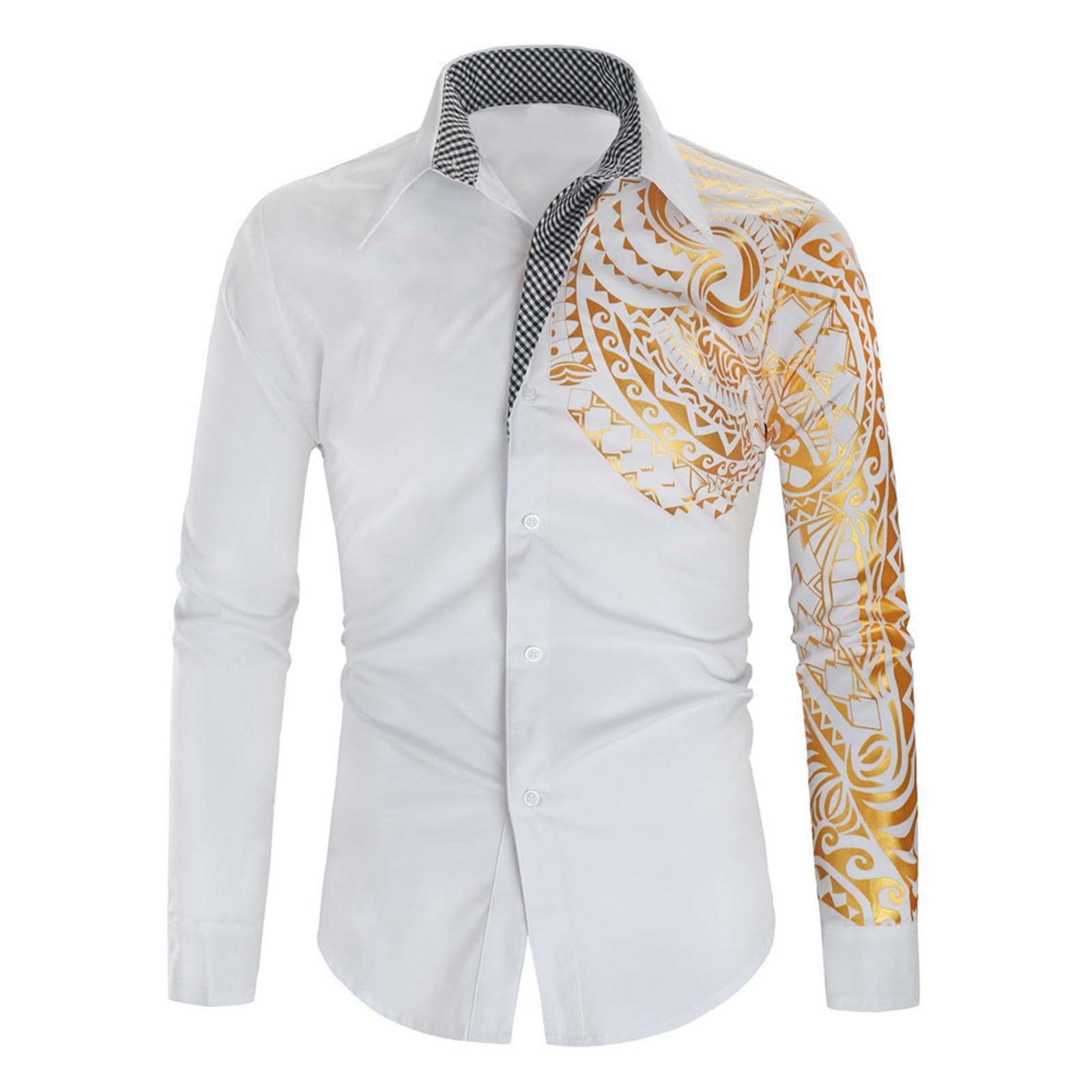 Generisch Chemise pour homme, coupe ajustée, à manches longues, imprimé feuille d'or
