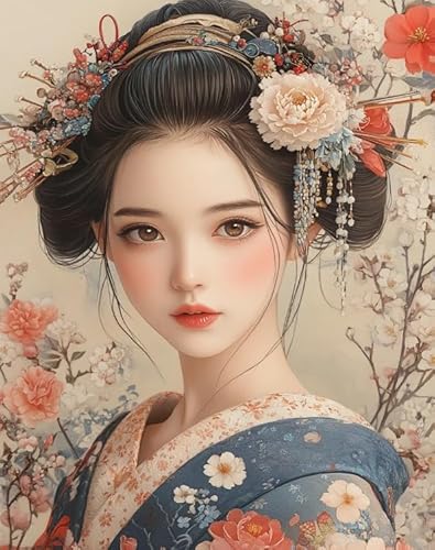 XFENDOUDOU Completi per bambini da ricamare punto croce Ragazza in kimono Embroidery Starter Kit per Decorazione Domestica 16x20inch