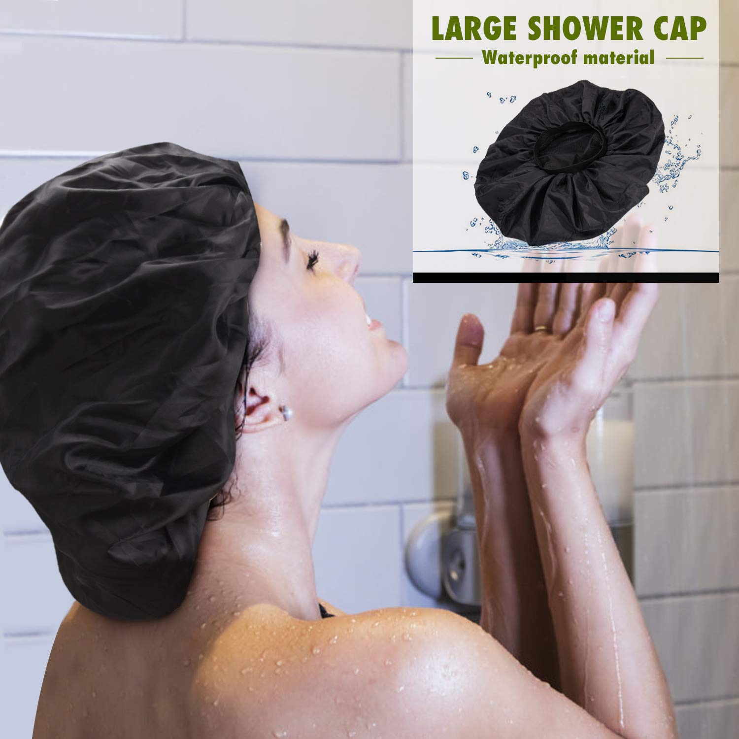 Noverlife Soft Splash-proof Shower Cap, Extra Large Sleep Cap, Black Day & Night Bonnet, Double Layer Elastic Band Cap for Women Curly Sleeping Hair