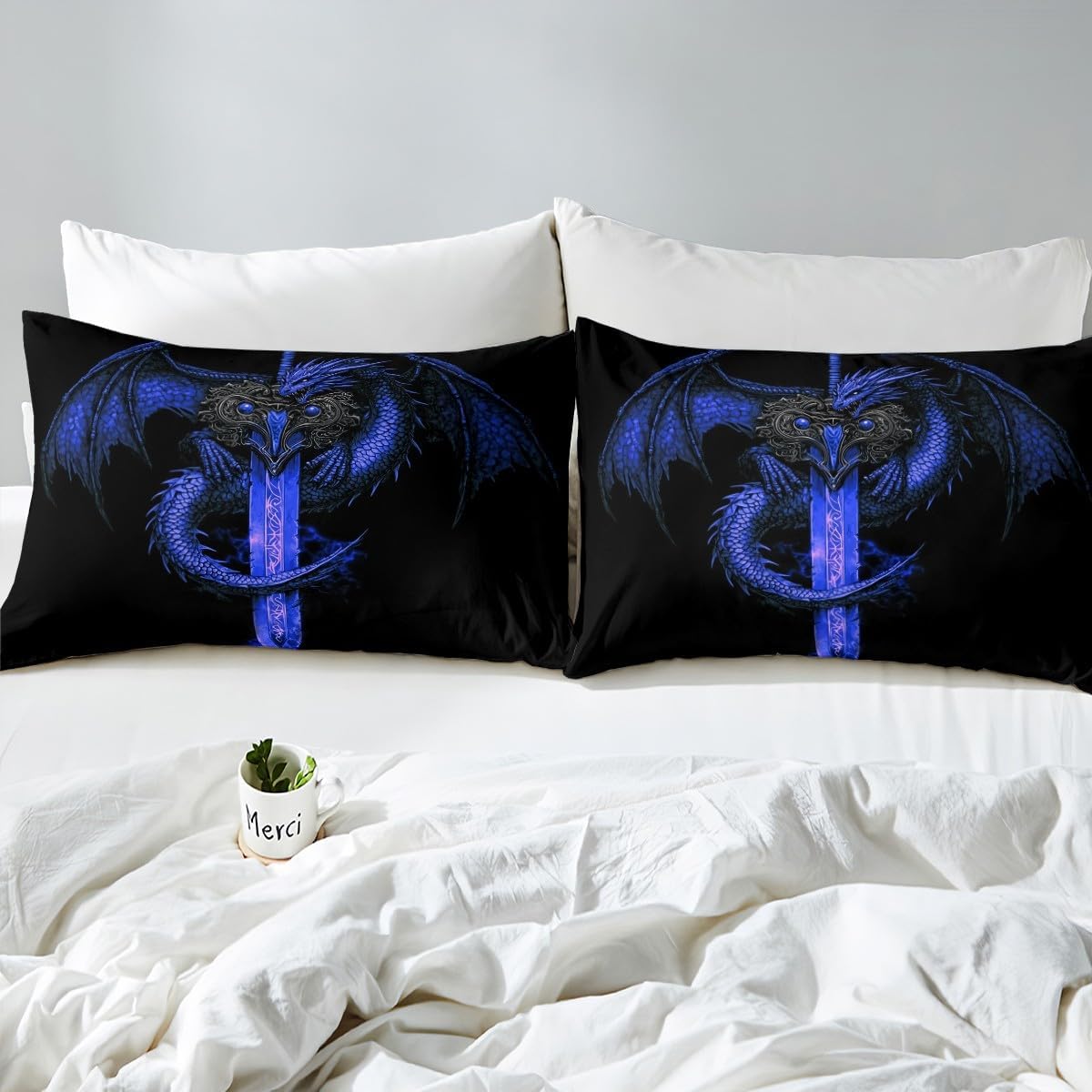 Castle Fairy Western Dragon Bedding Sets Toddler Size,Dark Blue Sword Cool Style Reversible Duvet Cover 2Pcs for Kids Bedroom,Magical Wildlife Animal Black Quilt Cover,1 Pillowcase (No Comforter)