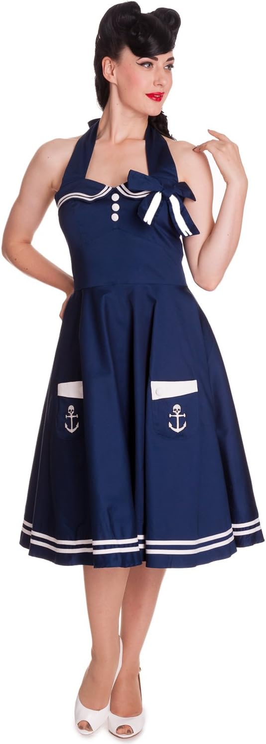Hell Bunny 60's Motley Pinup Sailor Vintage Halter Sailor Swing Dress (L, Navy)