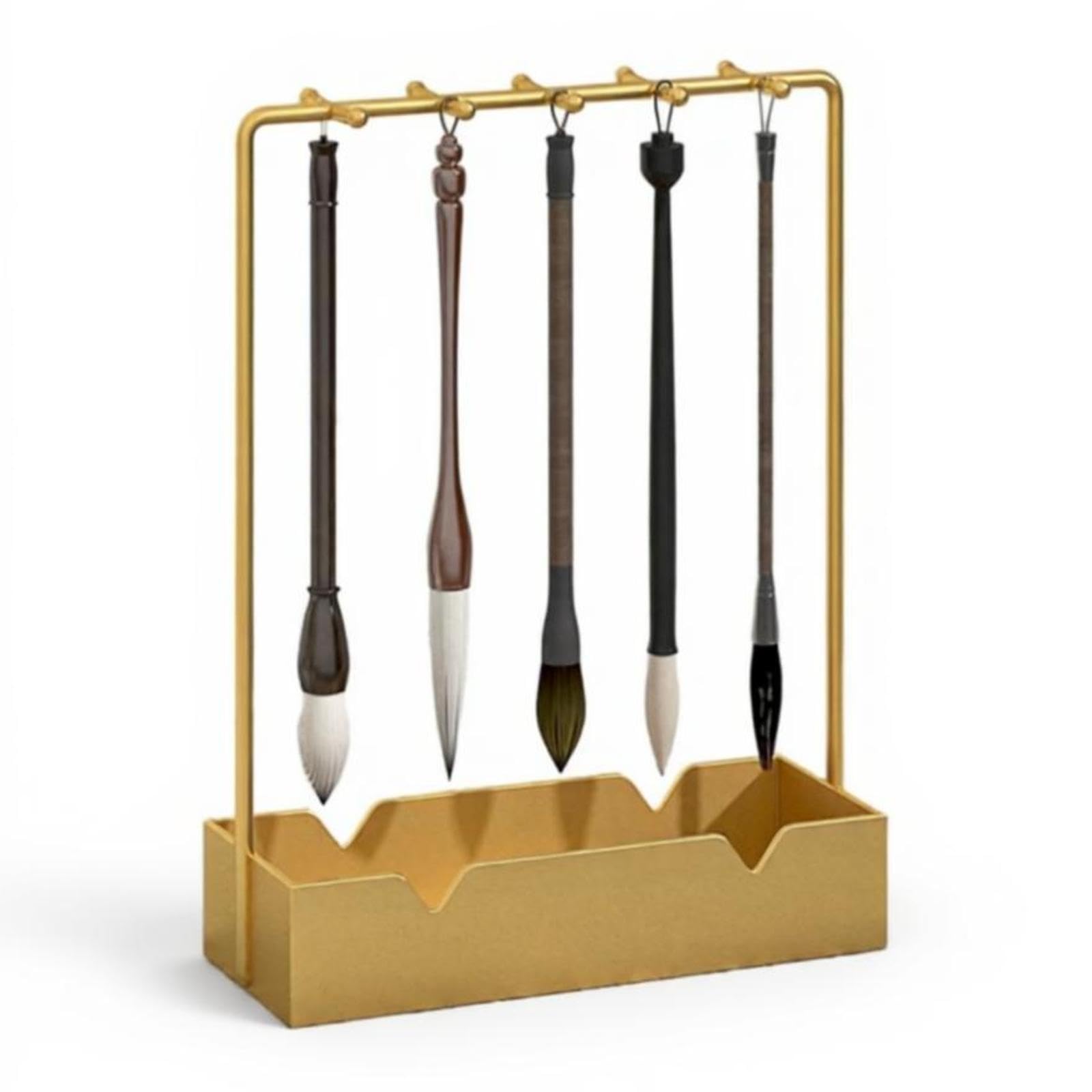 Club Bollywood®Calligraphy Brush Holder, Wood Brush Stand, Desktop Organizer for Home Office Gold 5-Row|Home & Garden-image-2