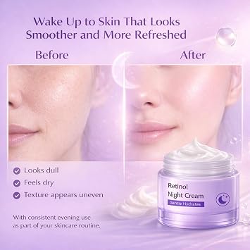 Retinol Night Cream for Face, Night Face Moisturiser, Face Moisturiser for Ageing Skin, Hydrating Face Cream for Women, Gentle Daily Moisture Care, 50g
