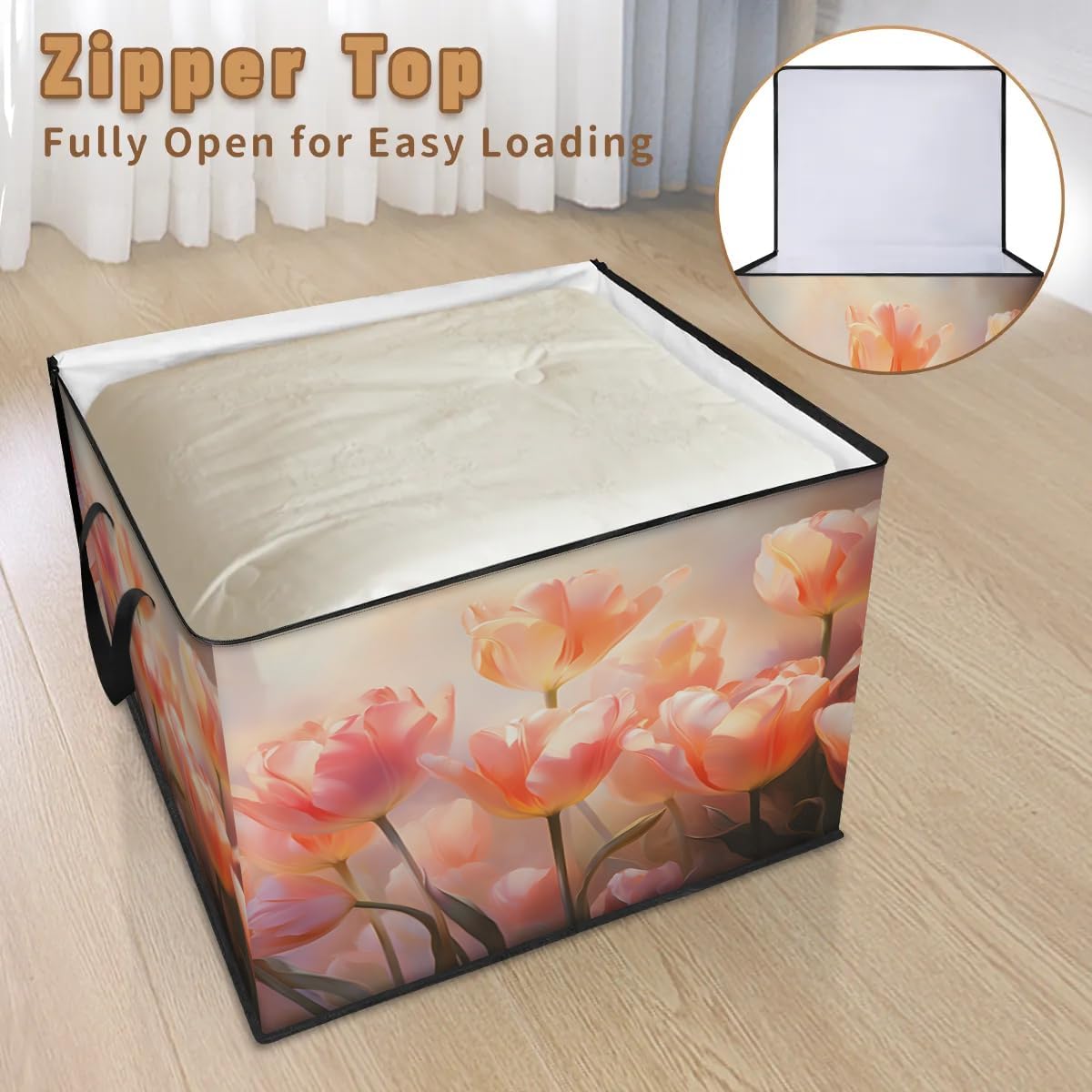 Honeybaby 214L Extra Large Comforter Storage Bag Flower Tulip Spring Storage Totes with Lids Waterproof Closet Organizer Folding Blanket Storage Bags for Clothes Bedding Pillows