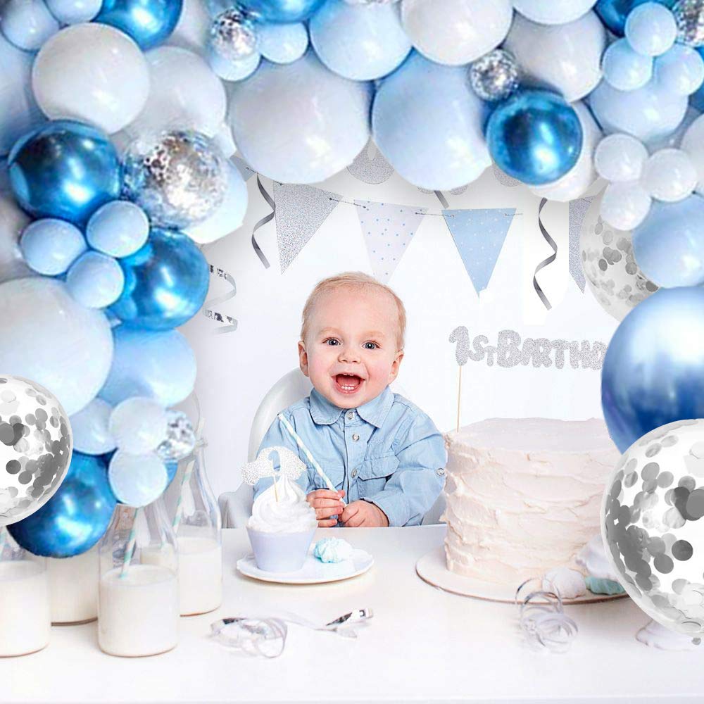 Y-WIN 107PCS Blue Balloons Garland Arch Kit with Macaron Blue White balloons,Silver Confetti & Metallic Blue balloons,16Ft Tape Strip for Christmas Baby Shower Party Wedding Decoration Supplies，DIY Backdrop Decorations