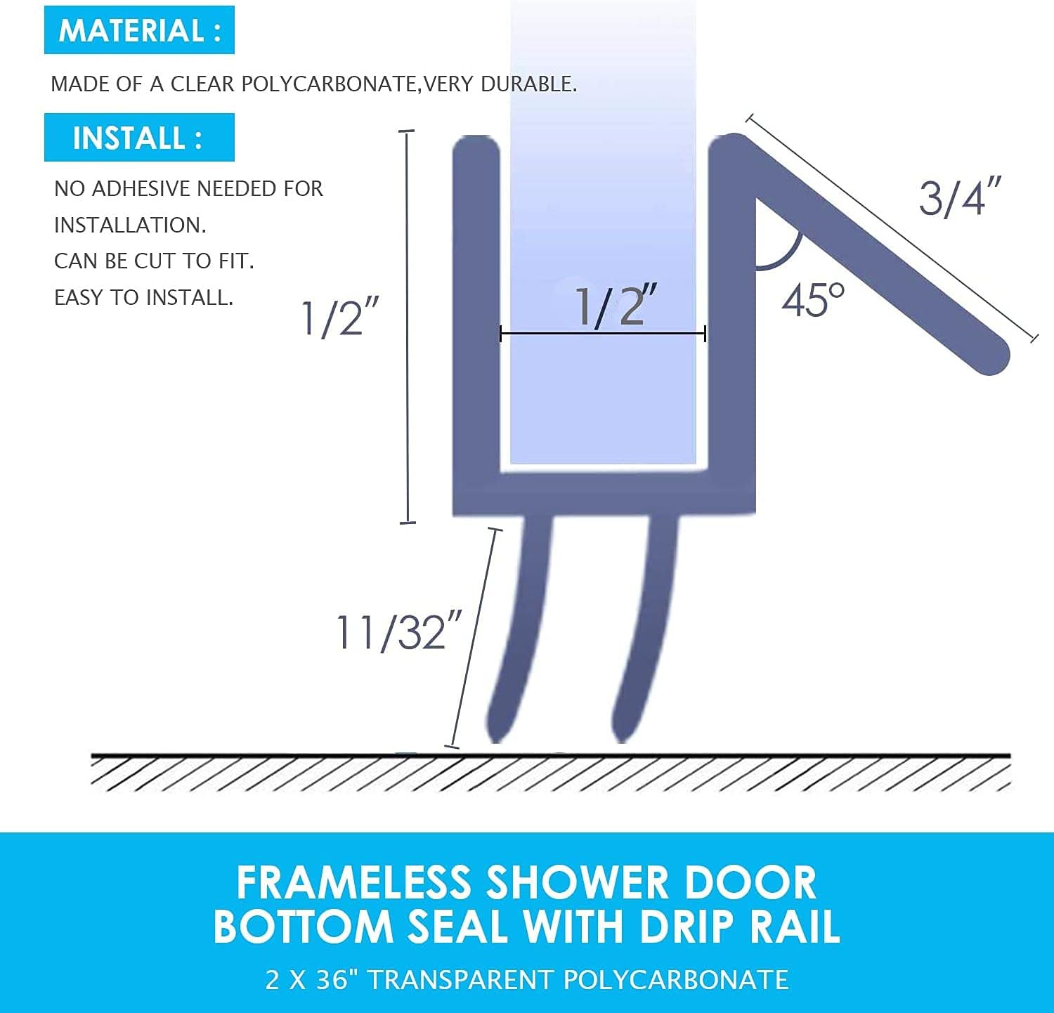 2 X Frameless Shower Door Bottom Seal Sweep Stirp 36 Inch Long for 1/2 Inch Glass,Clear