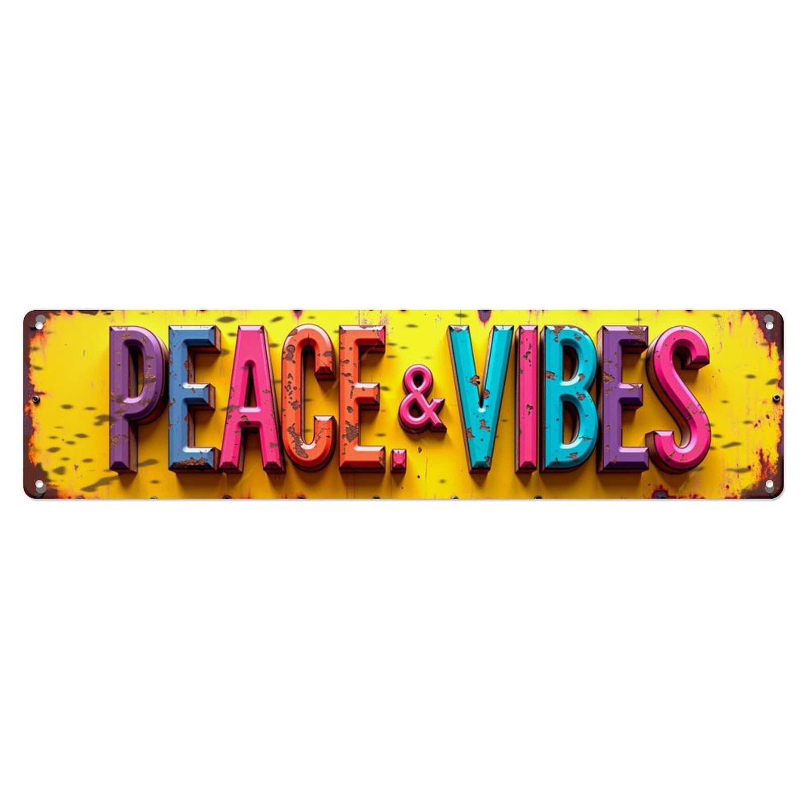 Peace And Vibes Sign Pattern Vintage Tin Sign Retro Metal Wall Decor Metal Poster, Home Bar Garage Farmhouse Cafe Wall Art Decoration 4x16Inch
